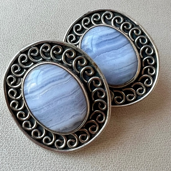 ECHO OF THE DREAMER OVERSIZED BLUE LACE AGATE STERLING SILVER EARRINGS STATEMENT - Picture 3 of 16